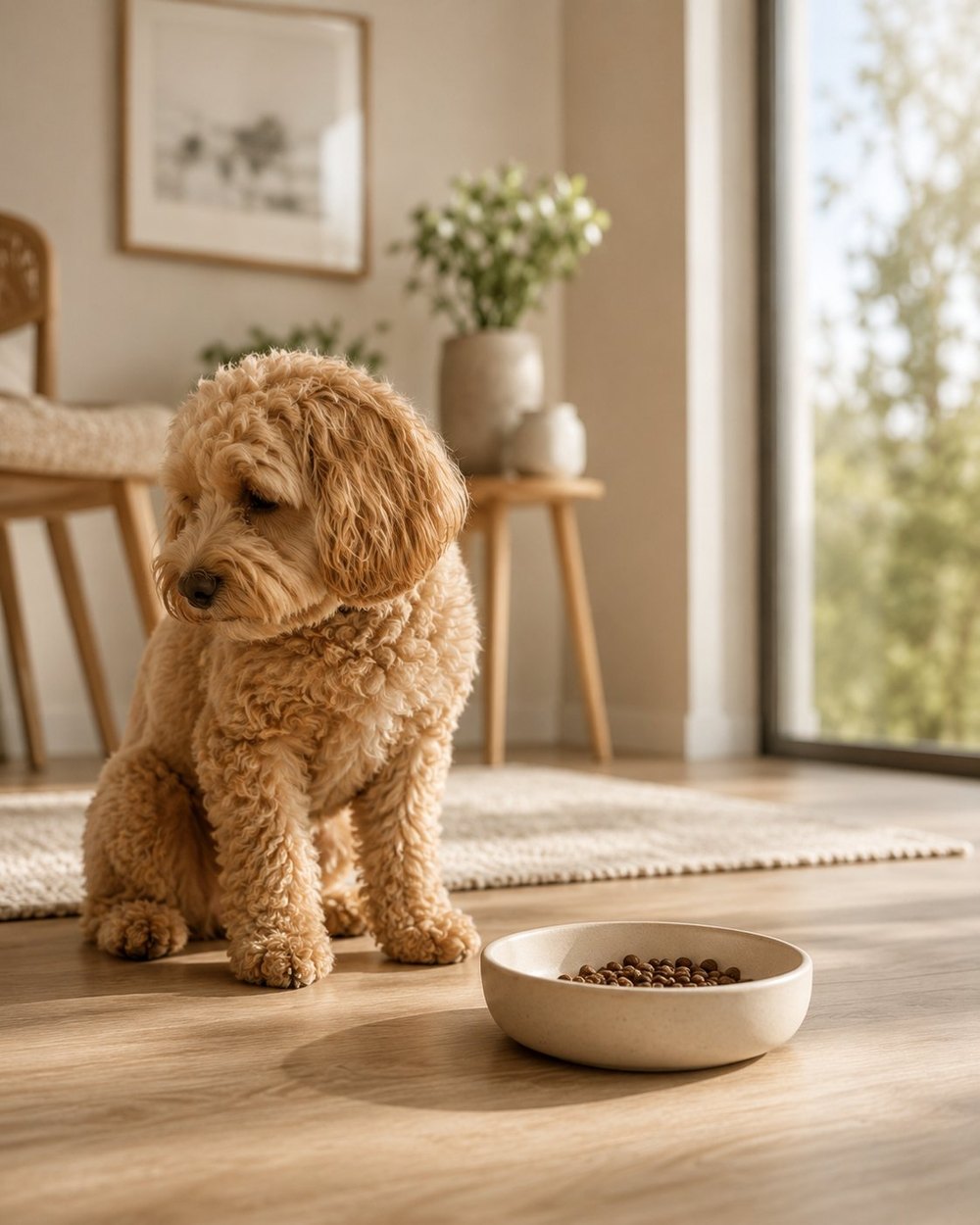 Picky dog turning away from a boring bowl